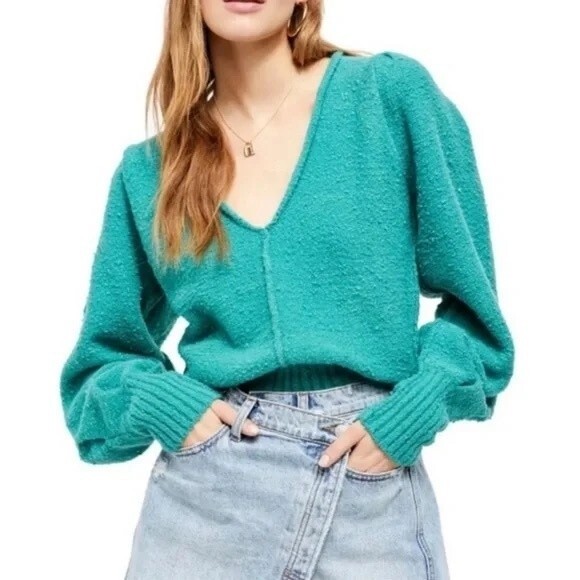 Free People Reverie Sweater Emerald Aura Green Statement Sleeves Size Small - Picture 1 of 14